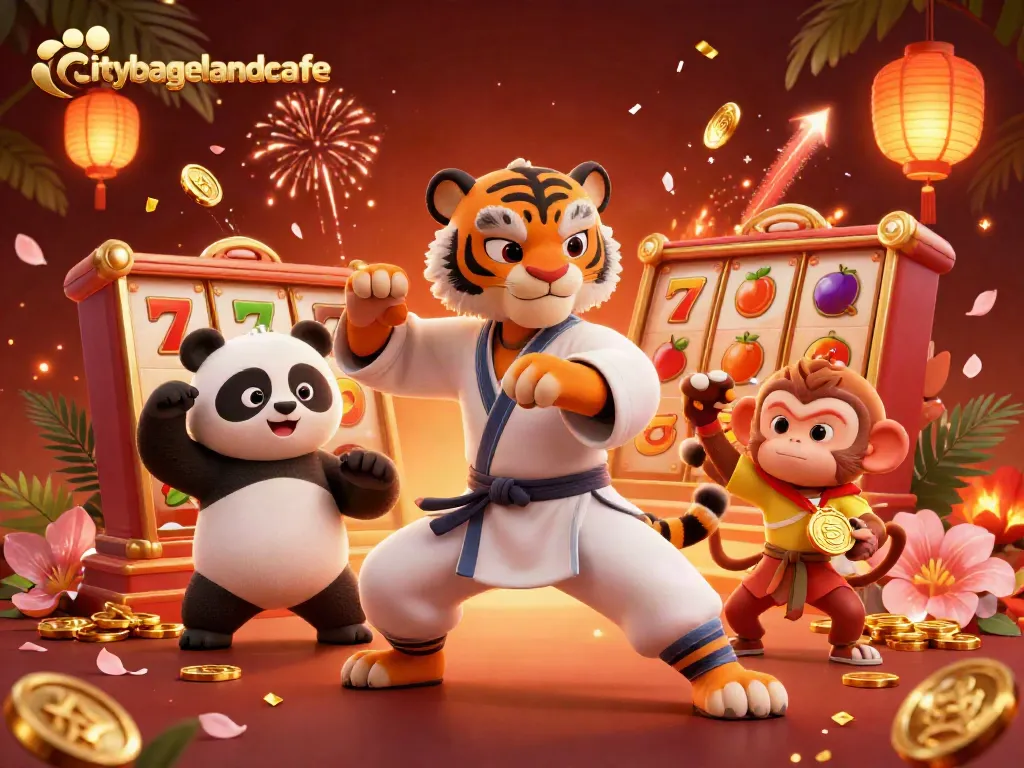 Slot permainan menarik di citybagelandcafe yang menunjukkan seorang guru harimau kung fu dengan muridnya.