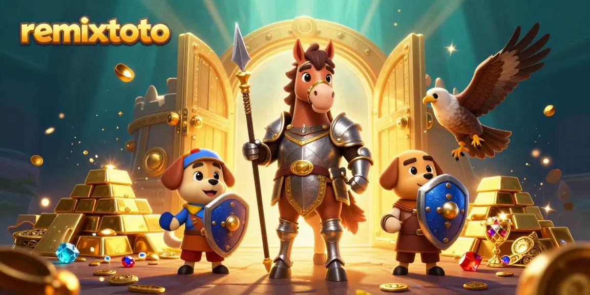 Join the excitement of remixtoto casino with a 3D knight, squire, and falcon surrounded by riches.
