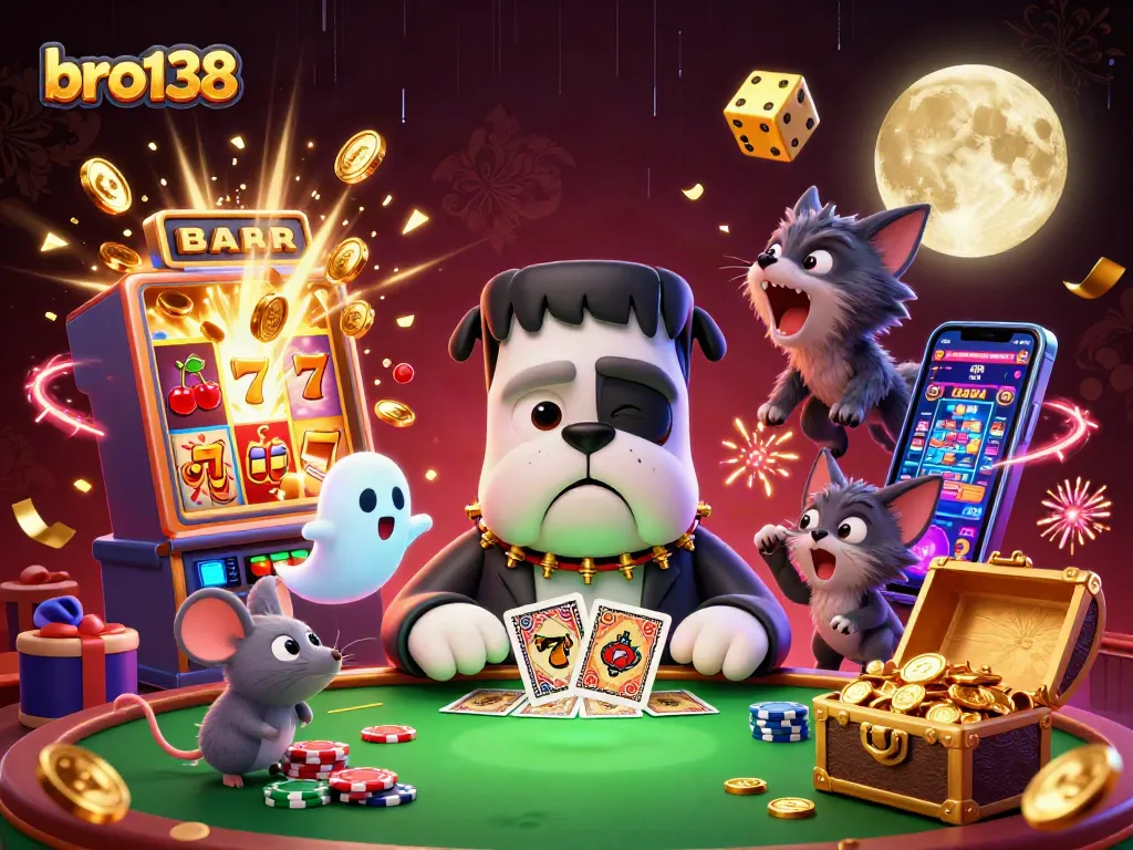 Experience the thrill of bro138 with a vibrant 3D illustration showcasing a bulldog dealer, ghost mouse, and jackpot symbols.