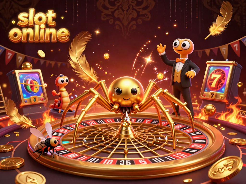 Mencoba slot online yang menarik dengan taruhan di web emas sambil dikelilingi koin emas dalam ilustrasi 3D.