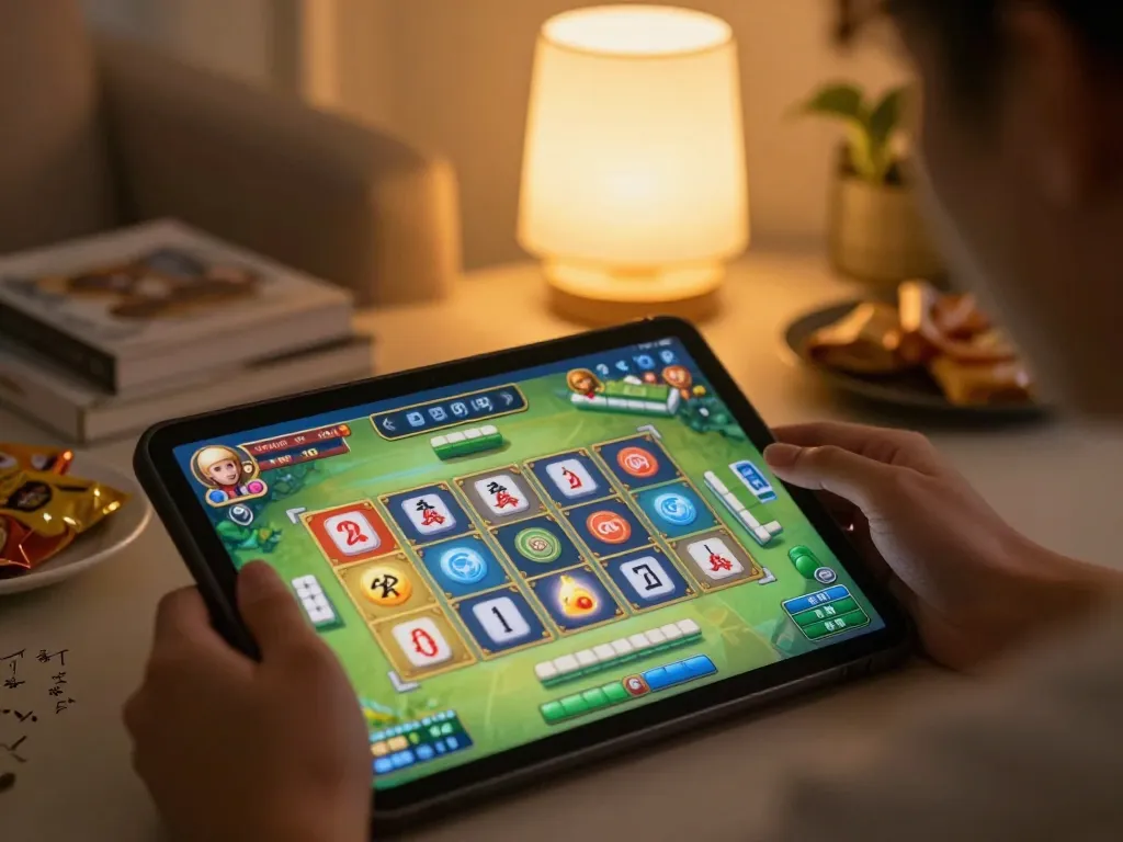 Engaging in slot mahjong gameplay on a tablet in a cozy home setting, showcasing colorful graphics.