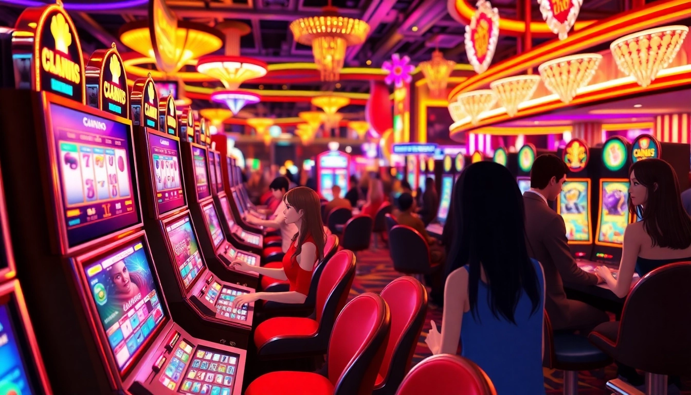 Spieler genießen casinospielen an modernen Spielautomaten im lebhaften Casino.
