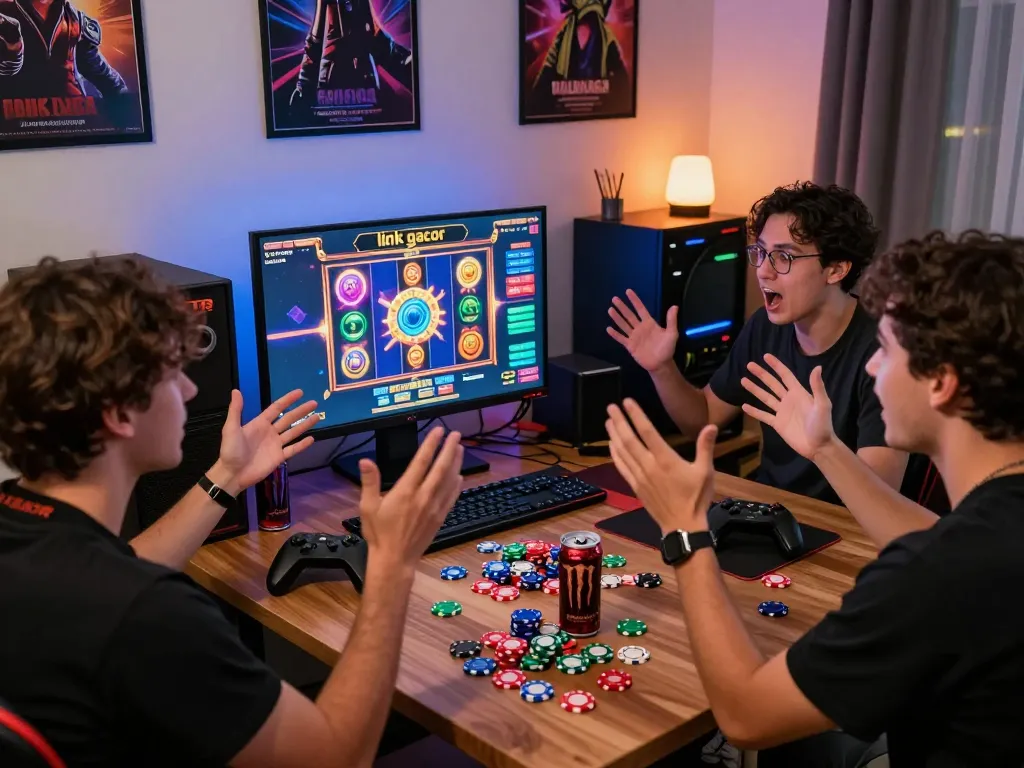 Pemain yang bersemangat menikmati sensasi sesi permainan slot link gacor dengan chip berwarna-warni dan minuman energi.