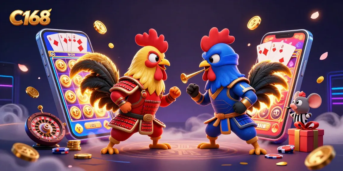 C168 features intense action with cartoon roosters and vibrant casino elements, capturing gaming excitement.