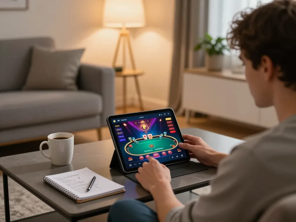 Engaging in online poker gameplay at hytw3339 com in a cozy living room setting.