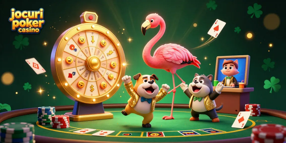 Joacă jocuri poker casino cu un câștigător flamingo și un bulldog entuziast în această ilustrație captivantă.