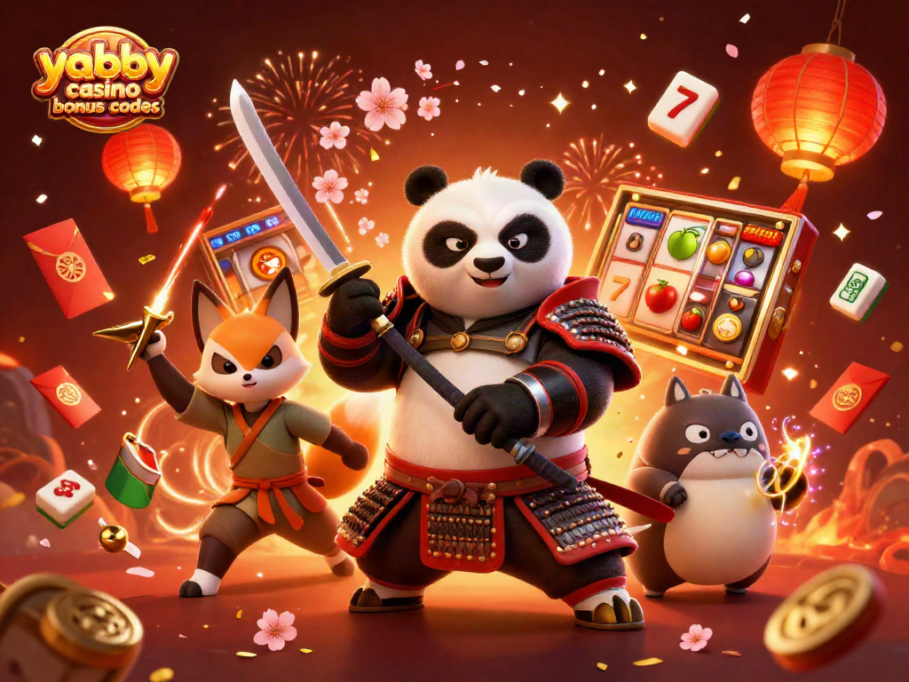 Engage with dynamic yabby casino bonus codes as a panda samurai and ninja fox playfully surround casino reels.