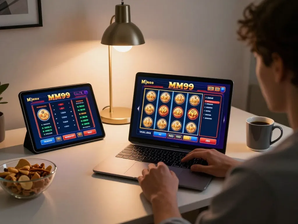 Engaged player enjoying MM99 Slot on a sleek laptop, set in a chic home office.