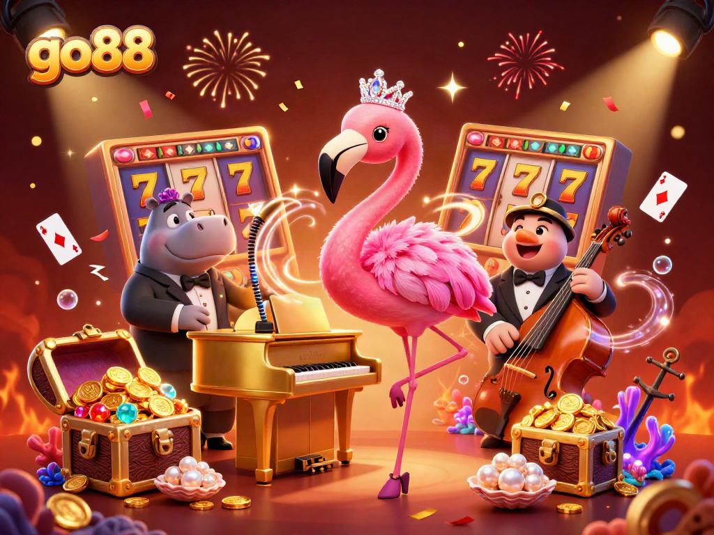 Win big with go88 in this vibrant casino scene featuring lively characters, slot machines, and festive elements.