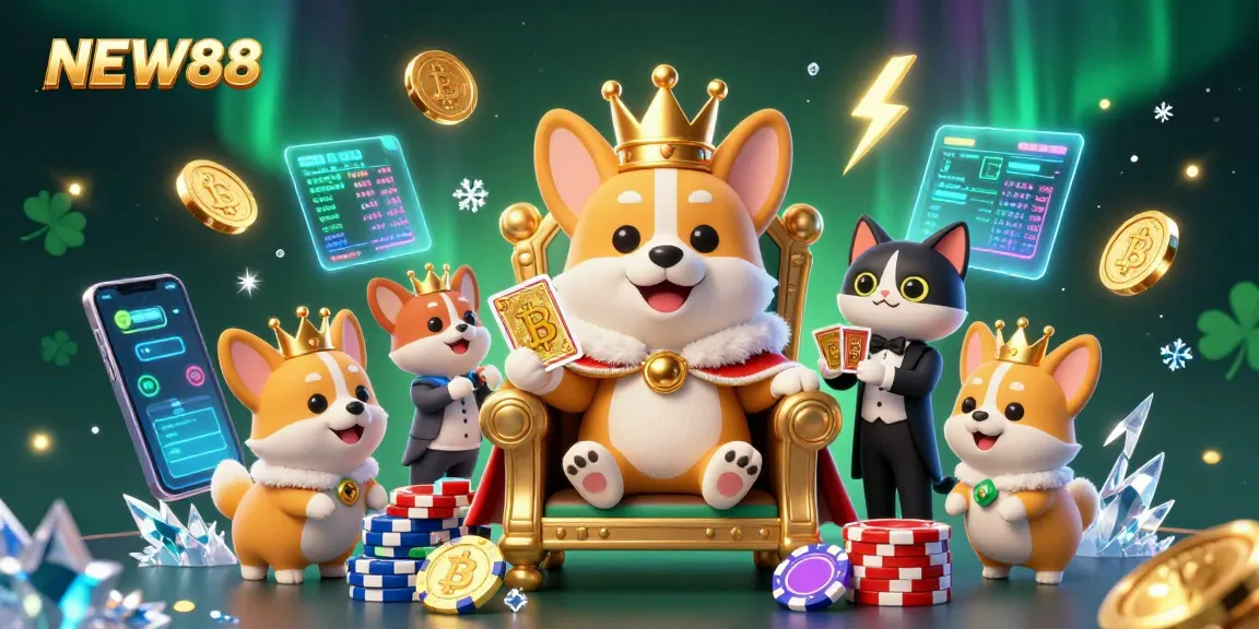 Play exciting games and win at NEW88 with an animated 3D casino scene showcasing crypto elements and playful characters.