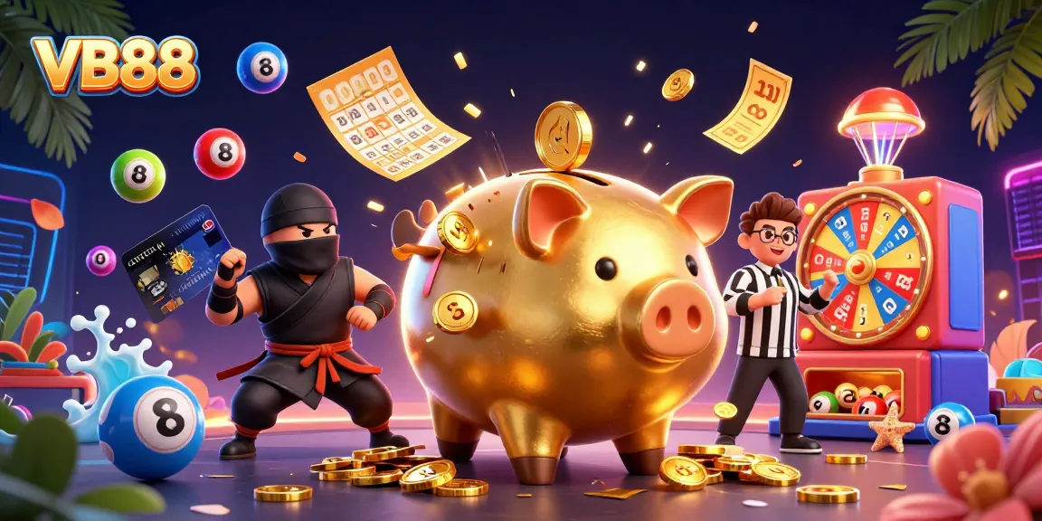 Celebrate wins with VB88 in a vibrant casino scene featuring dynamic lottery elements.