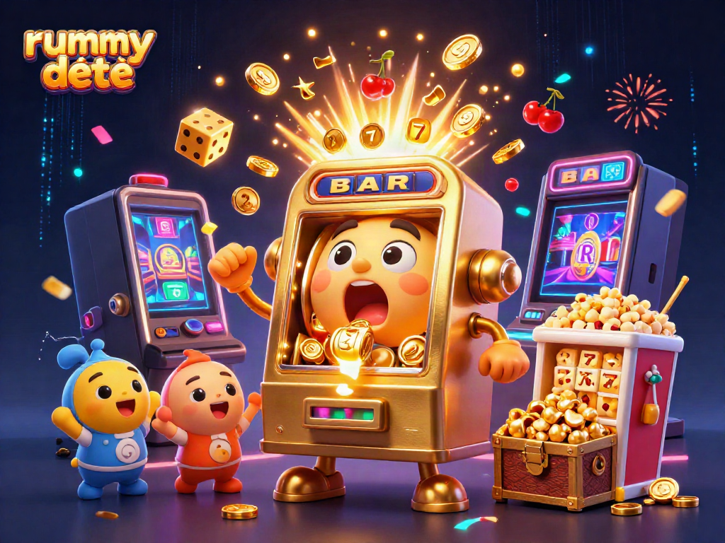Permainan rummy deity menampilkan mesin slot kartun yang mendapat jackpot, dikelilingi simbol keberuntungan.