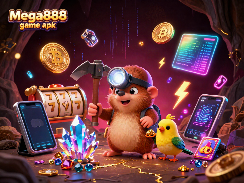 Play the mega888 game apk with thrilling visuals of our treasure hunter mole discovering gold and crypto treasures.