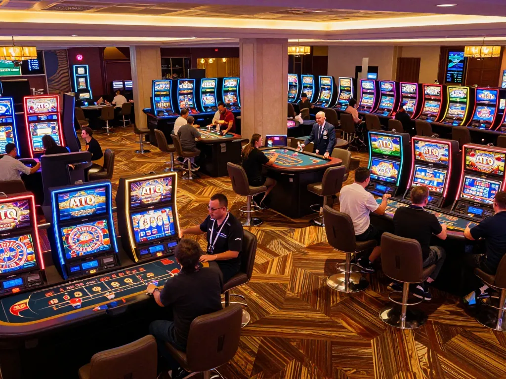 Players enjoying exciting games at ATQ casino, vibrant atmosphere, celebrating wins and strategic moments.
