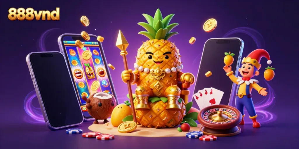 Experience the excitement of 888vnd's casino with a vibrant 3D illustration of a golden pineapple king and gaming elements.