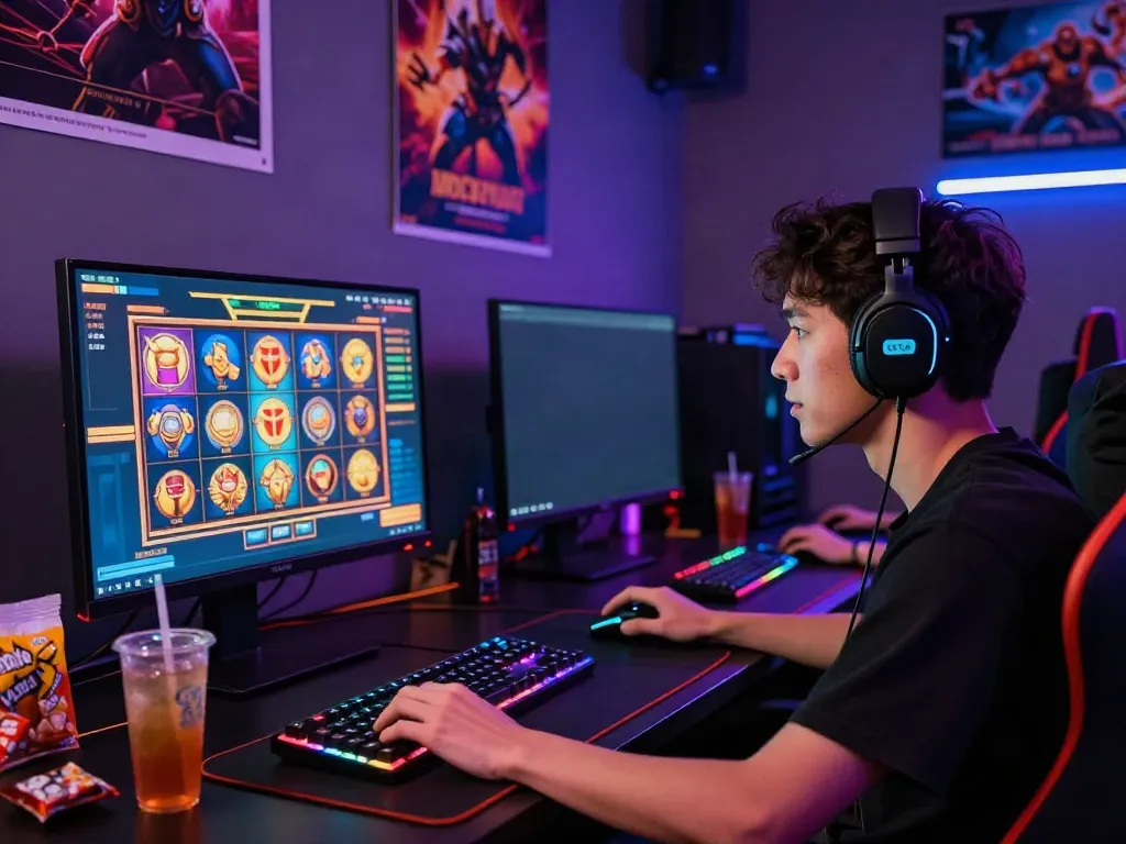 Player engaging with akunjp online slot games in a vibrant gaming setup.