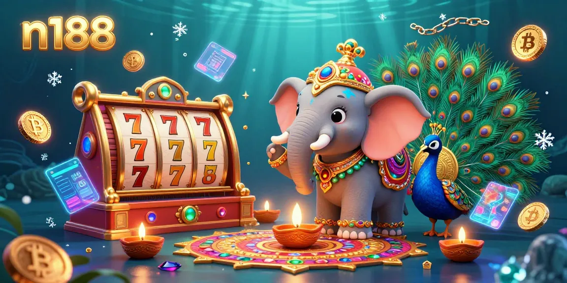 Engage with thrilling n188 casino adventures featuring vibrant slot reels and a 3D elephant hero.