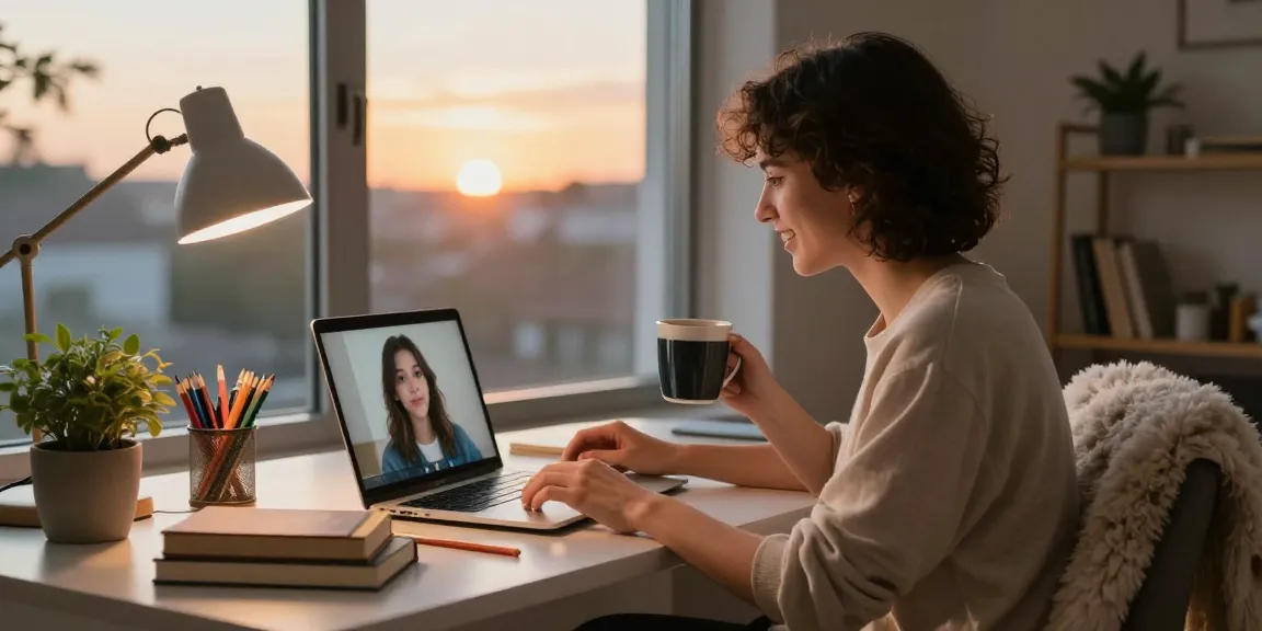 Engaging with an AI girlfriend in a cozy home office environment, creating a warm connection.