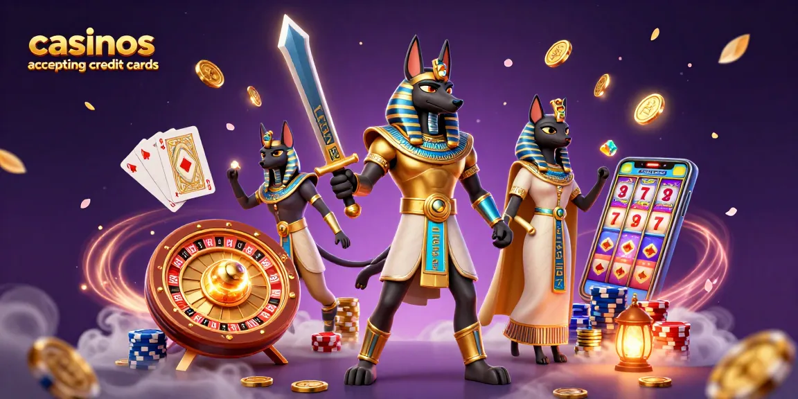 Experience exciting gameplay at casinos accepting credit cards with Anubis and Bastet amidst a vibrant casino setting.