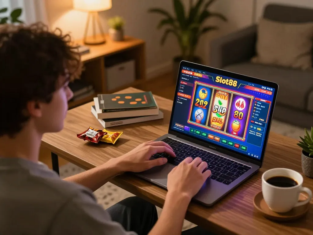 Engaged player enjoying Slot88 gameplay on a laptop in a cozy home office atmosphere.