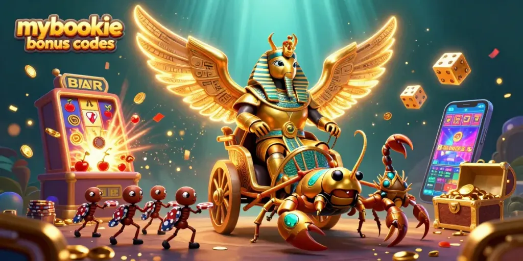 Engage with mybookie bonus codes in a vibrant casino scene featuring a golden scarab beetle with slot elements.