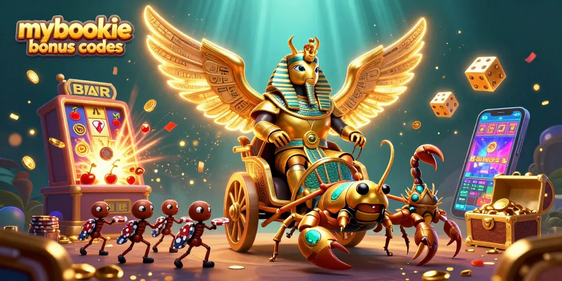 Engage with mybookie bonus codes in a vibrant casino scene featuring a golden scarab beetle with slot elements.