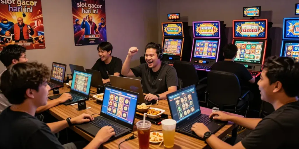 Excited players engaged in slot gacor hari ini gameplay in immersive online casino atmosphere.