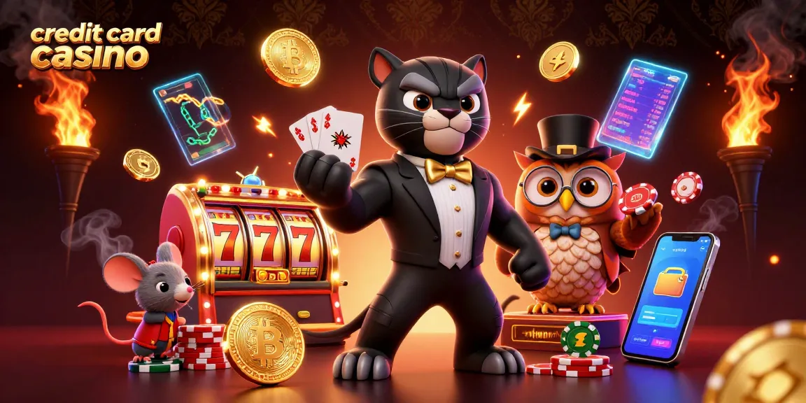 Experience the thrill of a credit card casino with a stylish panther, cute owl, and lucky mouse in this vibrant 3D scene.