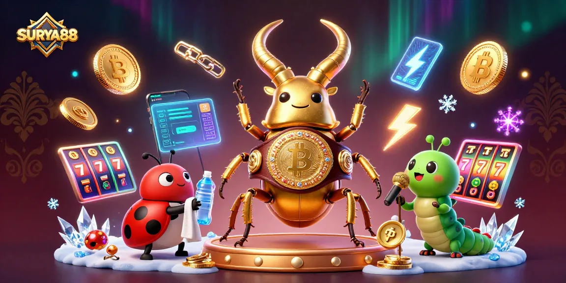 SURYA88 showcases an exciting 3D casino scene featuring a golden stag beetle and gaming elements for thrilling gameplay.