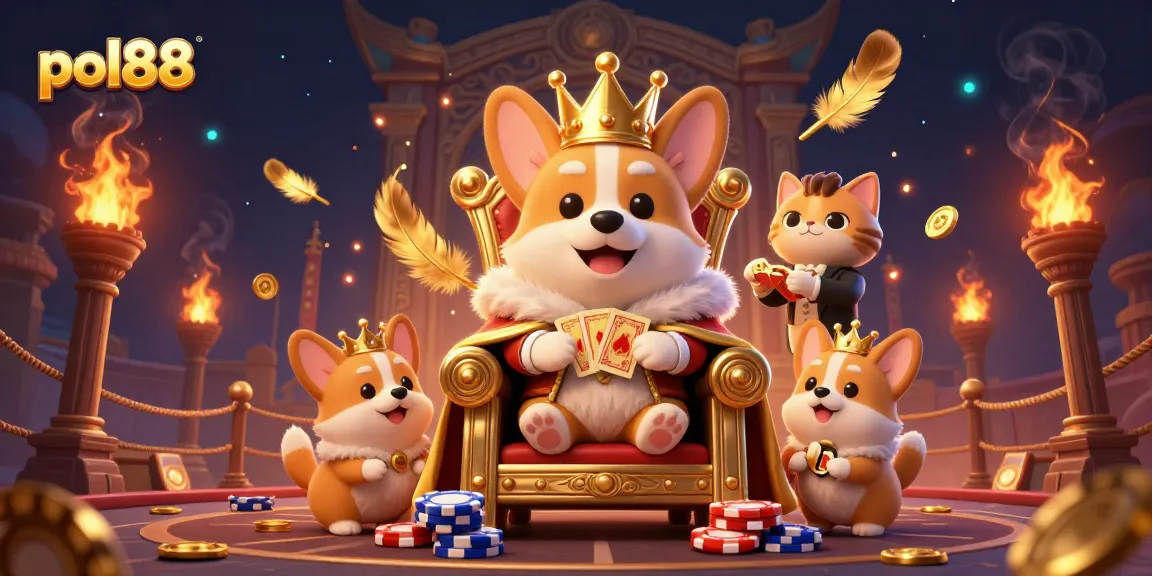Menyajikan kemenangan pol88 dari kasino dengan corgi kerajaan dan kucing pelayan dalam ilustrasi menakjubkan.