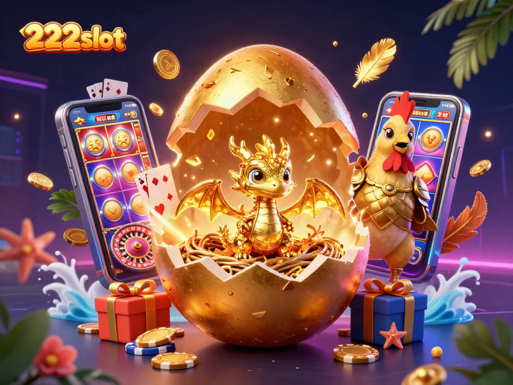 Permainan slot 222slot dengan naga emas terlihat dalam ilustrasi 3D, memukau dan berwarna-warni.