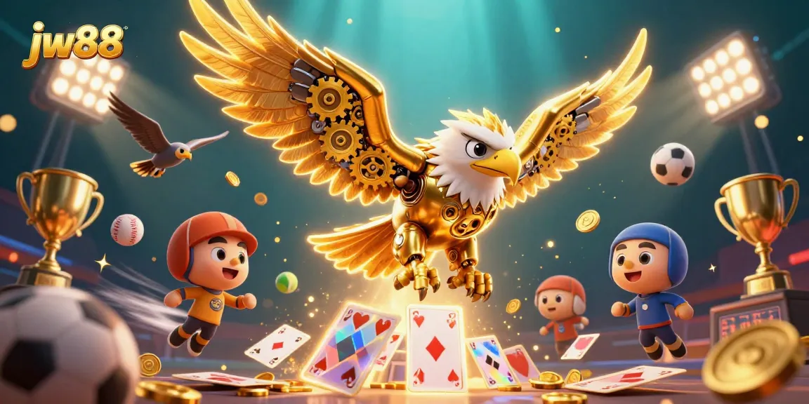 Experience thrilling action at jw88 with a 3D cybernetic eagle soaring through holographic cards.