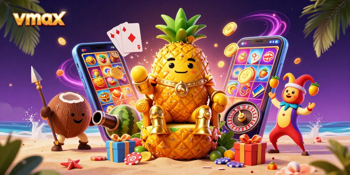 Experience vibrant vmax gaming with animated characters and casino elements in a thrilling scene.