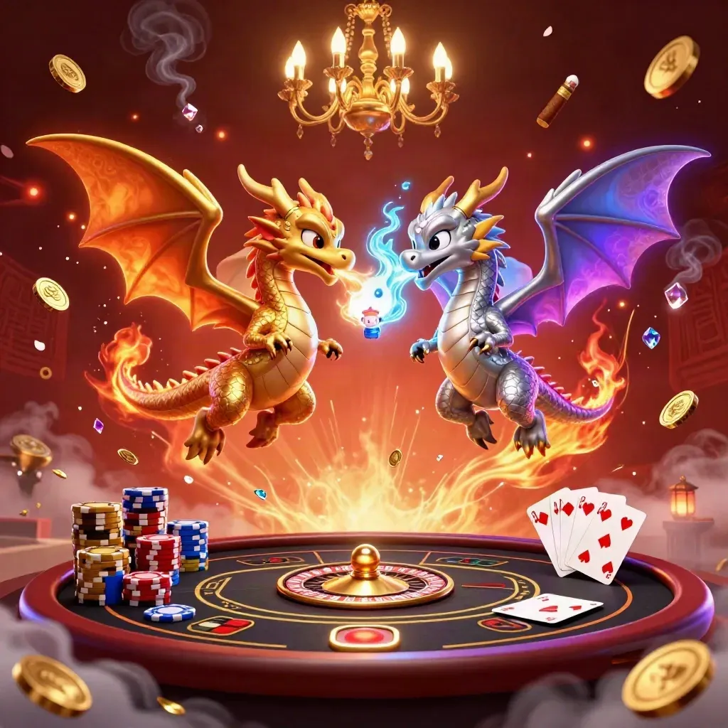 Twin dragons spiral above casino lights, coins, gems, roulette, and glowing cards