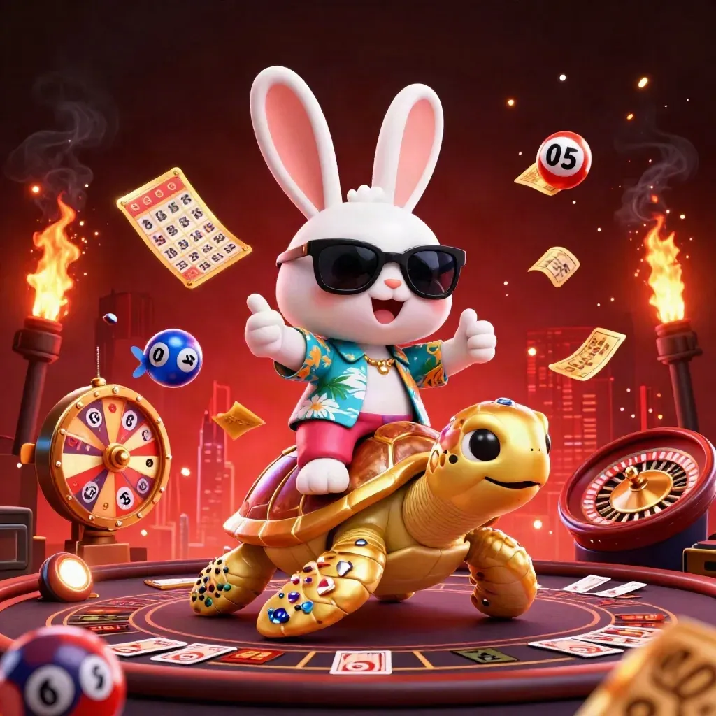 Lucky rabbit rides a jeweled turtle amid casino lights, roulette, bingo balls, and gold confetti