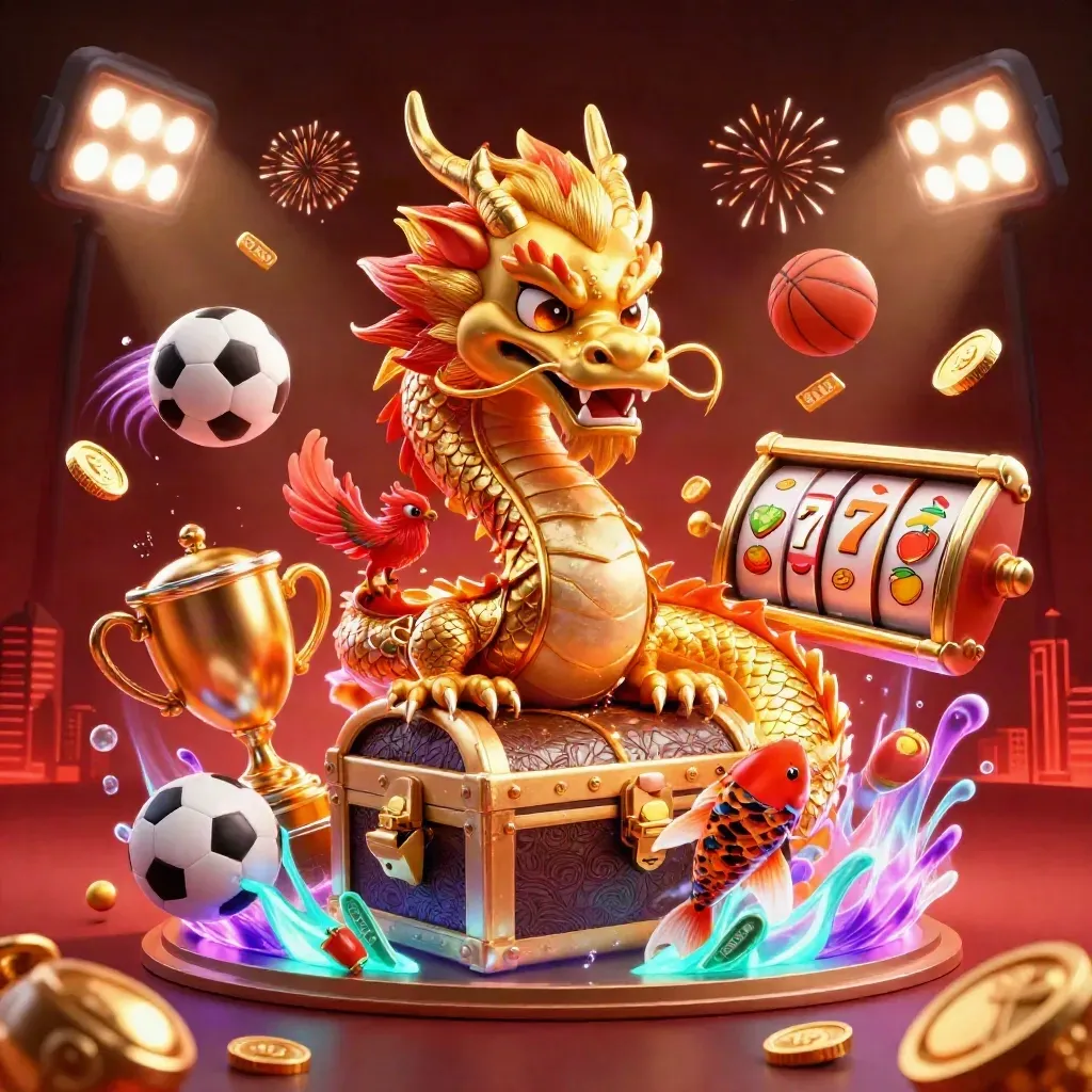 Golden dragon, phoenix and koi amid coins, balls, reels and fireworks in a neon casino burst.