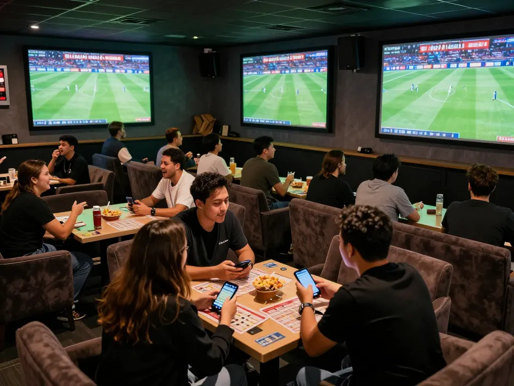 Tỷ Lệ Bóng Đá being actively researched by fans in a lively sports betting lounge during a live match.