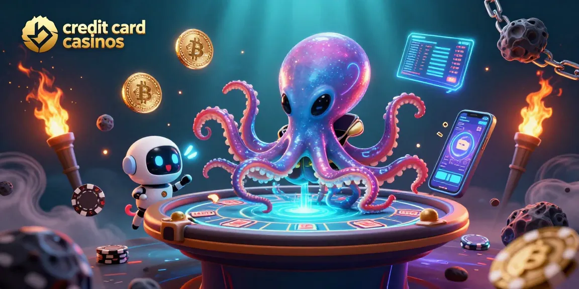 Experience gaming at credit card casinos with a vibrant alien octopus and robotic companion at a holographic poker table.