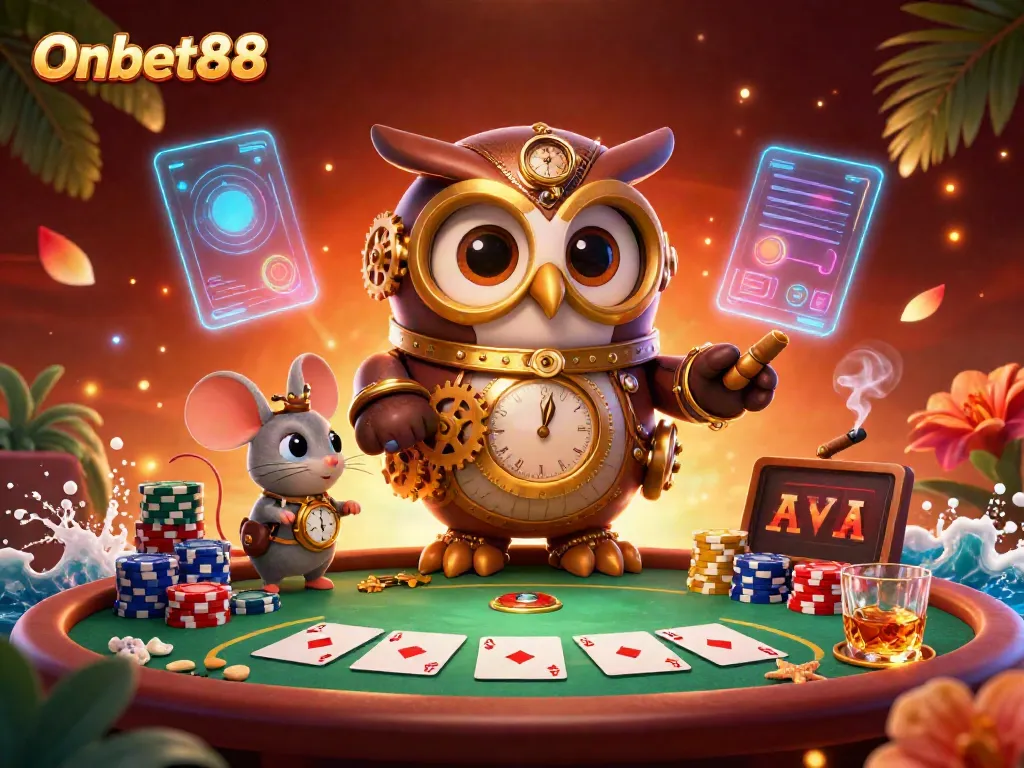 Experience thrilling gambling adventures with Onbet88 in a vibrant casino illustration.