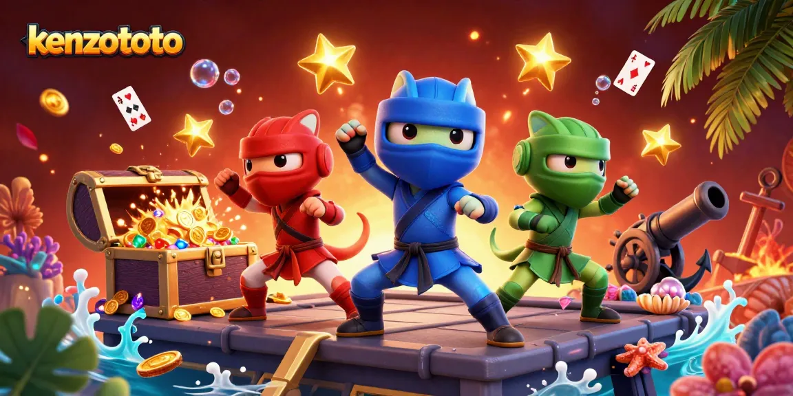 Kenzototo ninja chameleons performing martial arts among dynamic casino treasures and vibrant ocean elements.