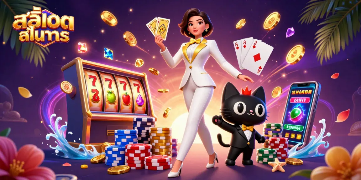 Engage in สล็อตทดลอง with glamorous casino elements featuring a stylish woman and playful cat.