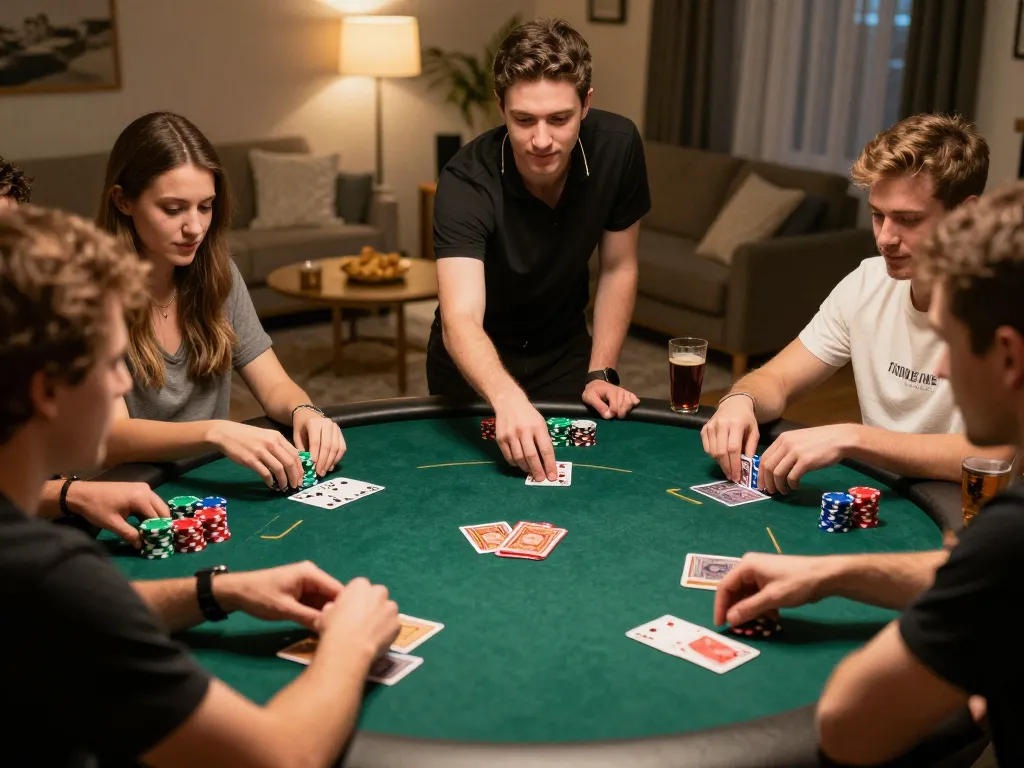 Friends enjoying poker night at home while examining 23win com gambling strategies