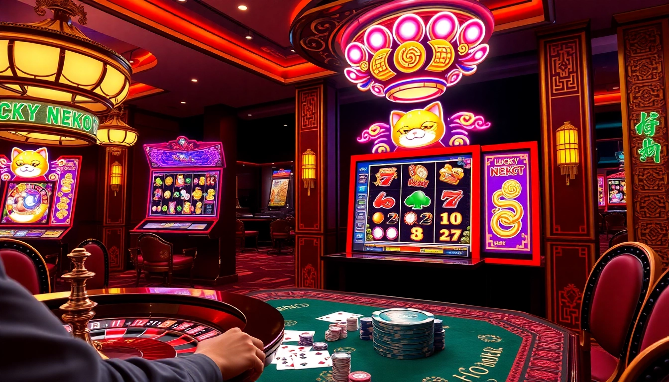 Experience the thrill of Lucky Neko PG Soft โปรโมชั่นใหม่ as players engage with vibrant slot machine gameplay.