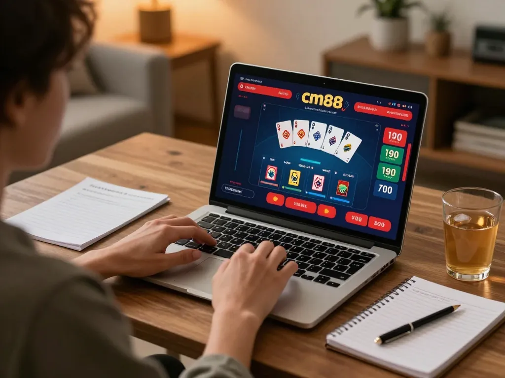 Engaging with cm88 in a cozy home office during exciting online casino gameplay.