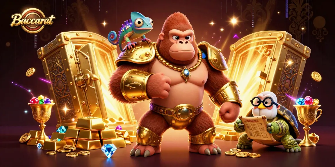 Baccarat game scene with a powerful gorilla, nimble chameleon, and wise tortoise amidst glamorous treasures.