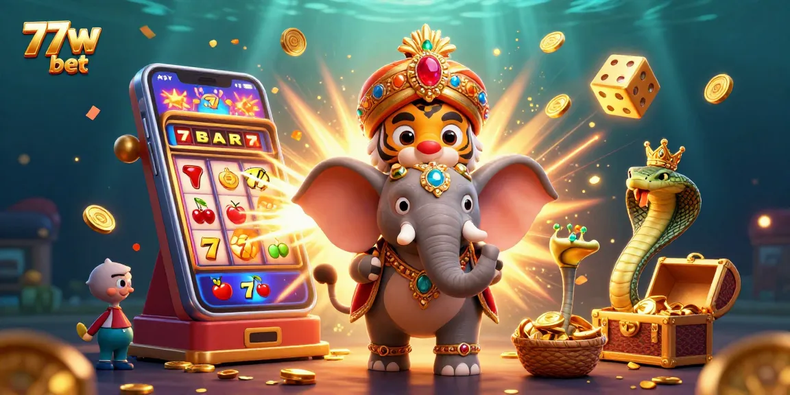 Experience thrilling wins at 77w bet, with vibrant casino scenes featuring slots and jackpots.