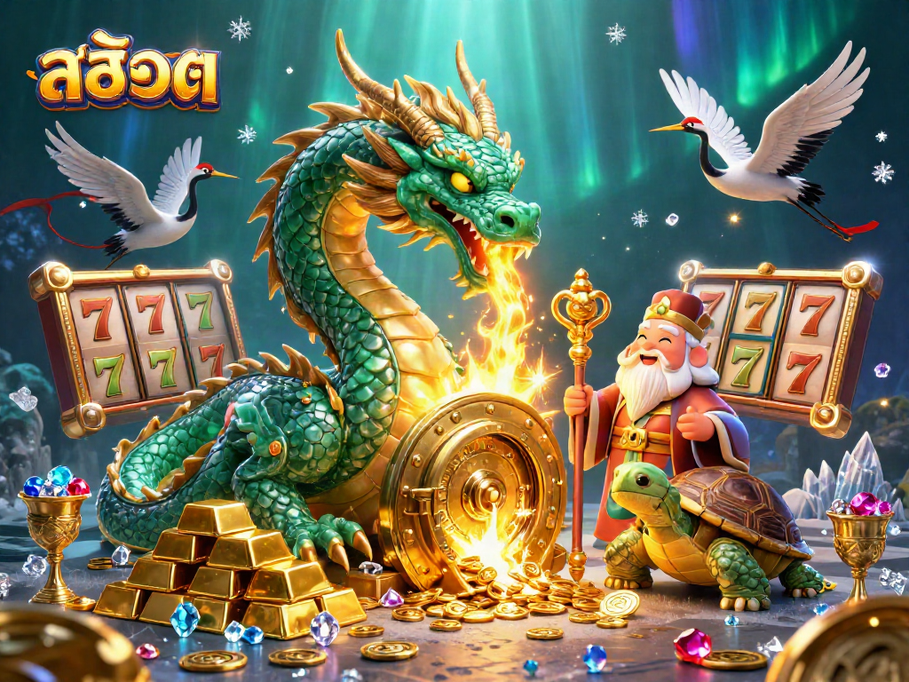 Experience exciting สล็อต wins with a vibrant dragon and turtle sage in a dynamic casino scene full of treasures.