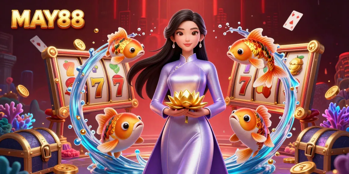 MAY88 engages players in an energetic online casino scene filled with slot reels and golden koi fish.