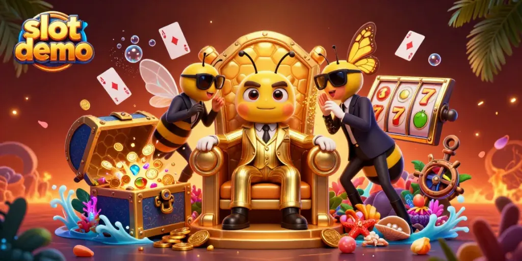 Slot demo yang menampilkan bos lebah 3D dengan simbol slot dan elemen permainan di sekitarnya.