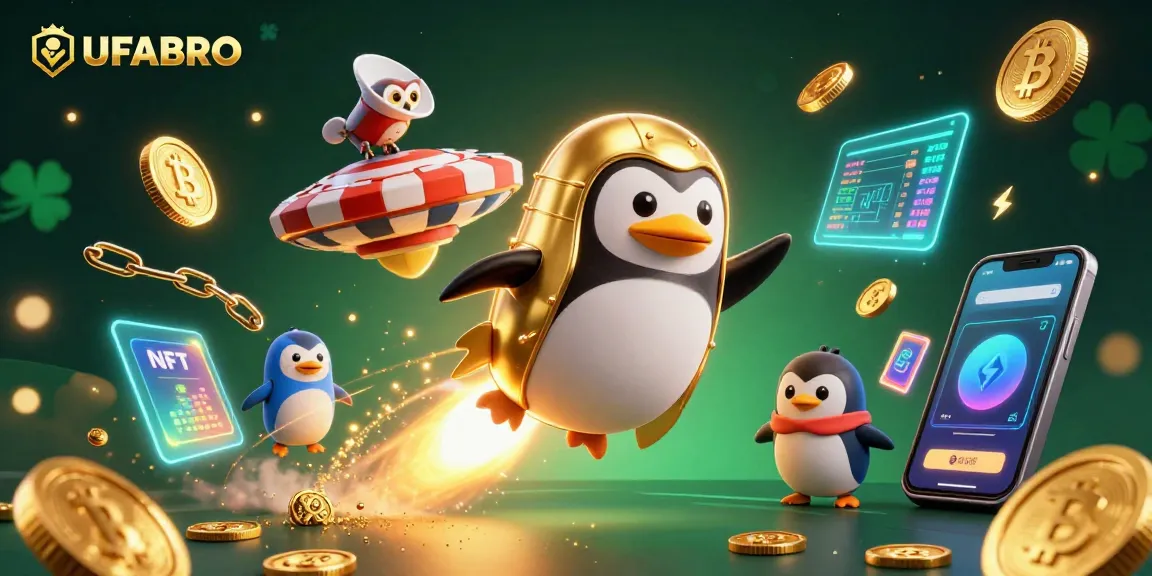 Experience exciting gaming at UFABRO, featuring a golden penguin racing to a casino chip in a space scene.